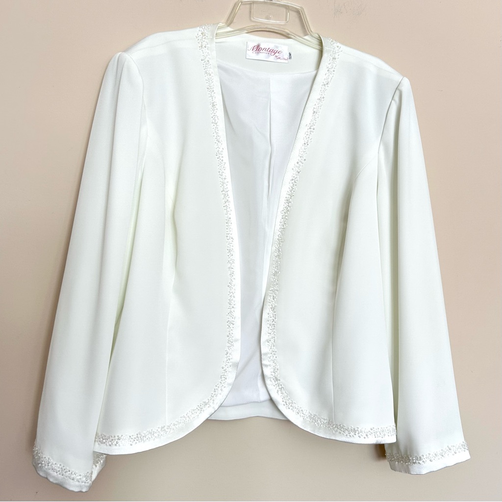 Montage By Mon Cheri Women’s Elegant White Open Blazer Embellished Beaded Trim